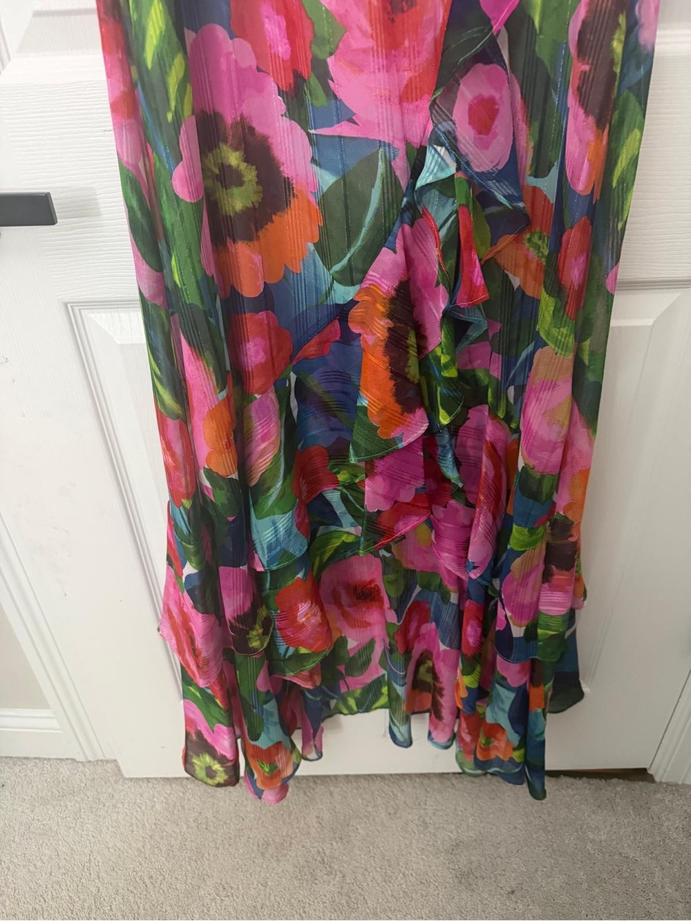 Kensie Vibrant Floral Ruffle V-Neck Maxi Dress - Pink & Green - Picture 8 of 11